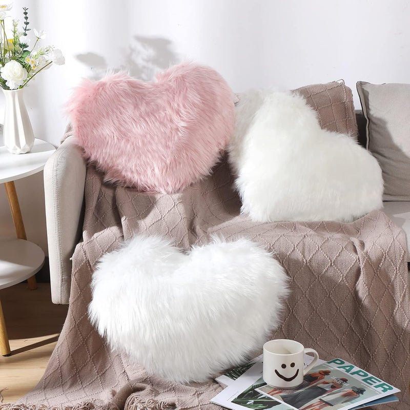 Enhon 2 Pcs Fluffy Heart Pillows Faux Fur Heart Shaped Plush Pillow Soft 20 x 15.7 Inch Love Throw Pillows with Insert for Decorative Office Home Bedroom Living Room Sofa(White) - Image 3